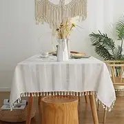 Gernaice Rustic Stripe Embroidered Tablecloth Heavy Tassel Small Rectangle Cotton Linen Table Cloth Wrinkle Free Washable Table Cover for Coffee Living Room Sofa Table White 36x55 Inch
