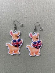 Aussie Kangaroo Australia Day Flag Dangle Earrings, Fun, Surgical Steel Hooks
