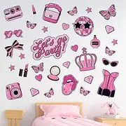 Yovkky Pink Let's Go Party Girls Wall Decals Stickers, Princess Crown Accessories Cosmetics Toddlers Nursery Decor, Camera Disco Ball Home Birthday Decorations Kids Bedroom Art