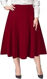 [Moon Wood] Women's Plus Size Midi Skirt High Elastic Waist A-Line Flared Skater Skirts with Pockets