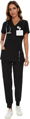 COZYFIT Scrubs for Women Set - Stretch V-Neck Scrub Top & Jogger Pant with 8 Poc