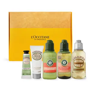 L’OCCITANE 歐舒丹 草本杏仁沐浴嫩膚禮盒組[洗髮精35ml+護髮乳35ml+沐浴油35ml+凝霜20ml+護手霜10ml]-國際航空版