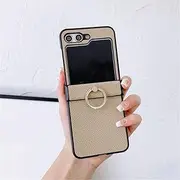 [UYPTK] Litchi Patterned Leather Phone Case for Samsung Galaxy Z Flip 6 5 4 3 Flip6 Flip5 Flip4 Flip3 5G Ring Holder Cover,Beige,for Galaxy Z Flip5