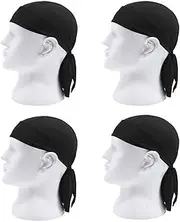 [ACFUN] 4 Pack Sweat Wicking Skull Cap Beanie Helmet Liner for Outdoor Sport Running Biking Cycling Accessories Adjustable Bandana Head Wrap That Fits Perfectly for Active Use Breathable Chemo Hats (Black)