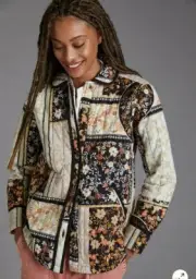 Anthropologie Quilted Jacket Floral Patchwork mix print Shirt Sz Medium 2