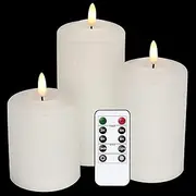 [GenSwin] 3D Wick Flameless Flickering Candles Battery Operated with Remote Timer, Real Wax Pillar LED Votive Candles Warm Light, Set of 3 Party/Wedding/Home Decor(White, D3” x H4.6” 5.8” 6.8”)