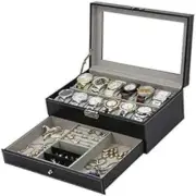 Caja para relojes con 12 ranuras tapa de cristal y cajón para anillos y pulseras