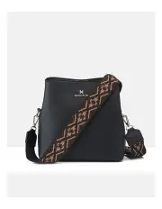 [Madison Accessories] Joanie 3 Compartment Crossbody Bucket Bag + Aztec Bag Strap in Black