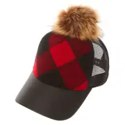 NWT Claire's girls Red and Black Checkered Baseball Hat with Pom one size