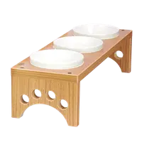 在飛比找松果購物優惠-【MOMOCAT】三口小型犬貓餐桌黃金柚木色附瓷碗 高11~