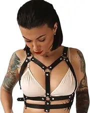 [Wiwpar] Punk Black Leather Chest Harness Body Waist Chain Belt Rave Nightclub Sexy Belly Bra Jewelry Accessory for Women Girls, Black