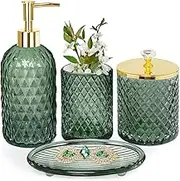 Bathroom Accessories Set, 4Pcs Sage Green Glass Bathroom Accessories Sets Complete w/Lotion Soap Dispenser, Toothbrush Holder, Apothecary Jar, Soap Dish, Bathroom Decor, Gift for Home Apartment