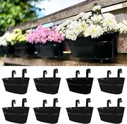 LaLaGreen Outdoor Plants Rail Planter (8 Pack, 11.2 Inch) Black Metal Iron Hanging Flower Pots Deck Railings Fence Buckets Modern Garden Boho Style Wall Mount Window Box Plant Holder Hooks Porch Decor