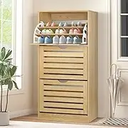 ALFORDSON 3-Tier Shoe Cabinet Rack with Flip -up Drawers, 60x29.5x121.5cm, Footwear Storage with Adjustable Shelves, Shoe Organizer Ventilated Design Easy Assembly, Wood