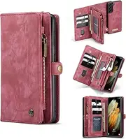 Yidai-Silu for iPhone 16 Plus Flip Leather Case 【Wallet,Detachable】 Magnetic Closure Zipper Case Card Holder Kickstand Function Folio Case TPU Back Cover for iPhone 16 Plus 6,7" - Red