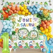 One a Saurus Birthday Decorations, 1st Birthday Decorations for Boy, Dinosaur First Birthday Party Supplies, Dino Themed Backdrop Balloon Banner Tablecloth Cake Topper Plates Napkins Forks
