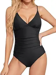 [Holipick] Tummy Control One Piece Swimsuits for Women Ruched Bathing Suits V Neck Swimwear