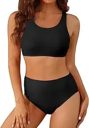 [Holipick] Women High Waisted Two Piece Bikini Sports Crop Top Swimsuit Scoop Neck Bathing Suit for Teen Girls with Bottom