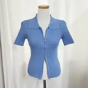 Short Sleeve Plain Ribbed-Knit Zip-Up Crop Top Blue - One Size