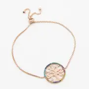 Rainbow Tree of Life CZ Bracelet Real 14K Rose Gold Plated Silver 925