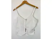 Wrangler Button Front Smocked Back Cropped Eyelet Top Womens Small Vintage White