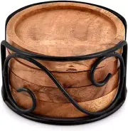 Acacia Wood Coaster Set of 4 with Iron Holder for Tea, Drinks, Mugs, Cans, Glass