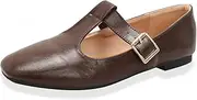 [qibusleen] Women's Slip On T-Strap Mary Jane Flats Low Chunky Heel Comfy PU Round Toe Flat Shoes for Women Work Dressy Closed Toe Adjustable Strap Ballet Flats