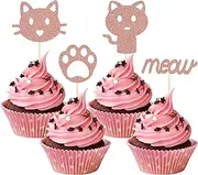 24 pcs Cat Cupcake Toppers, Cat Meow Cupcake Toppers, Rose Gold Glitter Cat Face Cupcake Toppers for Kitten Themed Baby Shower Kids Birthday Party Supplies Decorations