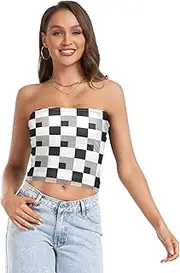 [RPLIFE] Black and White Checkerboard Women Tube Top Sheer Tube Tops, Strapless Crop Top, Womens Summer Clothes (S)