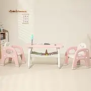 SINKIPA Kids Table and 2 Chairs Set, Toddler Activity Table Set with Storage Shelf, Toddlers Table and Chairs Set with Anti-Slip Foot Covers, Tables for Reading, Drawing, Eating, Playing
