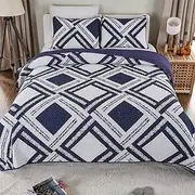 [WANWEN] Quilted Patchwork Bedspread King Size 3 Pieces Blue Geometric Bed Cover 100% Cotton Coverlet with Pillowcases Reversible Bed Blanket Throws (230x250cm) Little Surprise
