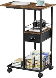 NestCharm C Shaped Sofa Side Table with Drawer - Mobile End Table with Wheels & Storage Basket, Bedside Table for Living Room Bedroom, 19.7''L x 11.8''W x 28''H (50L x 30W x 71H cm)