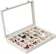 Mebbay 35 Grid Velvet Jewelry Tray Organizer Felt Jewelry Box Tray Holder with Clear Lid for Drawer, Stud Earring Necklace Bracelet Ring Healing Stones Storage (Creamy White), 13.8" x 9.4" x 2"