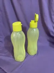 Tupperware 2 Medium 25 oz eco water bottles flip top cap BPA Free plastic yellow