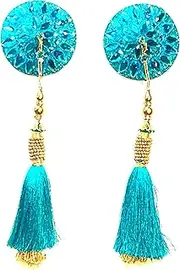 Removable Tassel Pasties - Gigi Royale Aqua Crystal Reusable Pasties for Lingerie, Burlesque Costumes, Rave Outfits, Carnival - 2Pcs Glitter & Crystal Pasties by Appeeling, 2.75 “ x 8", Cotton