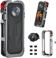 Camera Cage Metal Frame for Insta360 X5,Aluminum Alloy Body with Cold Shoe Mount & 1/4" Screw Ports,Protective Case with Lens Cover and 6PCS Mic Wind Muffs for Action Camera Accessories