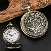 Antique Hollow Night Owl Cover Men Women Quartz Analog Pocket Watch Long Chain