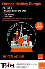 TSIM Europe eSIM for 28 Days with 50GB Data | Orange Holiday with 4G / 5G Net...
