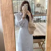 Long-Sleeve Collared Plain Midi A-Line Shirt Dress Blue - S