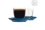 Duralex 12 Piece Gigogne Glass Coffee Cup and Ceramic Saucer Set - Modern Style Tumbler Mug for Latte Cappuccino - Blue - 220ml