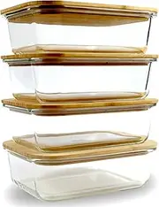DE Glass Containers Bamboo Lids, Plastic-Free Glass Food Containers, Glass Food Storage Containers with Eco-Friendly Bamboo Lids. Set of 4. BPA Free, Airtight, Glass Bento, Lunch Containers