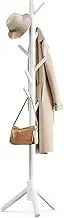 Uandhome Coat Racks Free Standing, Sturdy Wooden Coat Tree with 8 Hooks and Adjustable Size Coat Hanger Standing Tree for Coats, Hats, Scarves and Handbags for Entryway, Hallway, Bedroom, Office