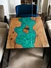 36" Green Square Epoxy Resin Coffee Table Live Edge Wood Luxury Garden Furniture