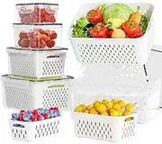 Fruit Storage Containers For Fridge, 5 Pack Leakproof Food Storage Containers with Removable Colander & Microwave Safe Fridge Organizer, Multi-Size Capacity with Lid & Colander for Home Kitchen