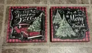 Set of 2 Christmas Tree Wooden Wall Decor Glitter Pickup Truck Chalkboard Merry