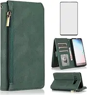 Compatible with Samsung Galaxy S10e Wallet Case Tempered Glass Screen Protector Zipper Leather Flip Cover Card Holder Stand Cell Accessories for Glaxay S 10e Gaxaly 10se Galaxies Se10 Women Men Green