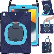 iPad 10.2 Case 9th Generation 2021 / 8th Gen 2020 / 7th Gen 2019,Heavy Sturdy Shockproof Kids Case,Rotating Stand/Pencil Holder/Carrying Strap for iPad 10.2 Inch (Navy Blue+Blue)