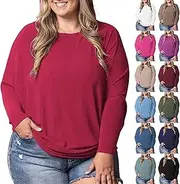 [Valtorixia] Batwing Long Sleeve for Women's Dolman Sleeve Top Casual Sweater Solid Boat Neck Soft & Comfortable Loose Fit Pullover (Red-2,X-Large)