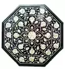 Black Marble Coffee Table Top, Handmade Semiprecious Stone Inlaid Side Table