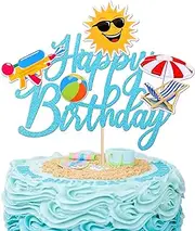 Summer Beach Happy Birthday Cake Topper - Glitter Ball, Sun Umbrella, Water Gun Pool Cake Pick for Hawaiian Baby Shower Party Decorations Supplies (Blue, 1 Pack)